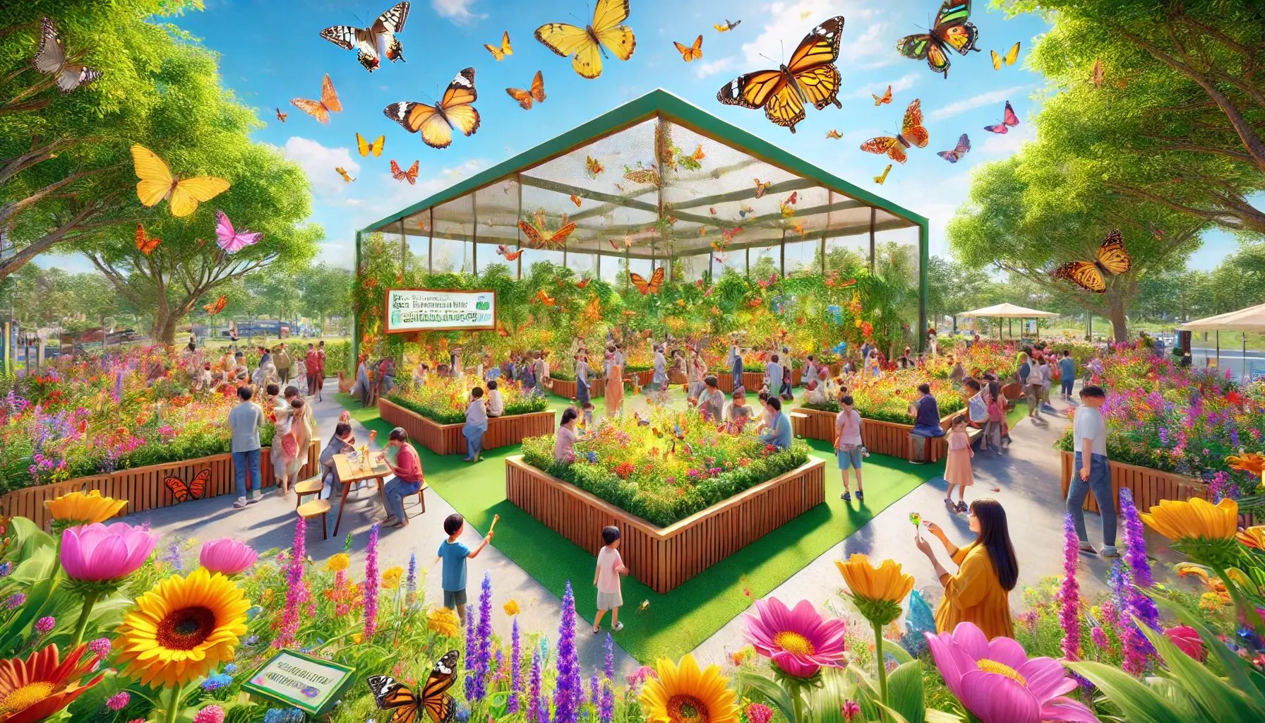 A vibrant and enchanting mobile butterfly exhibit featuring a lush garden setting with colorful flowers, free-flying butterflies of various species, a