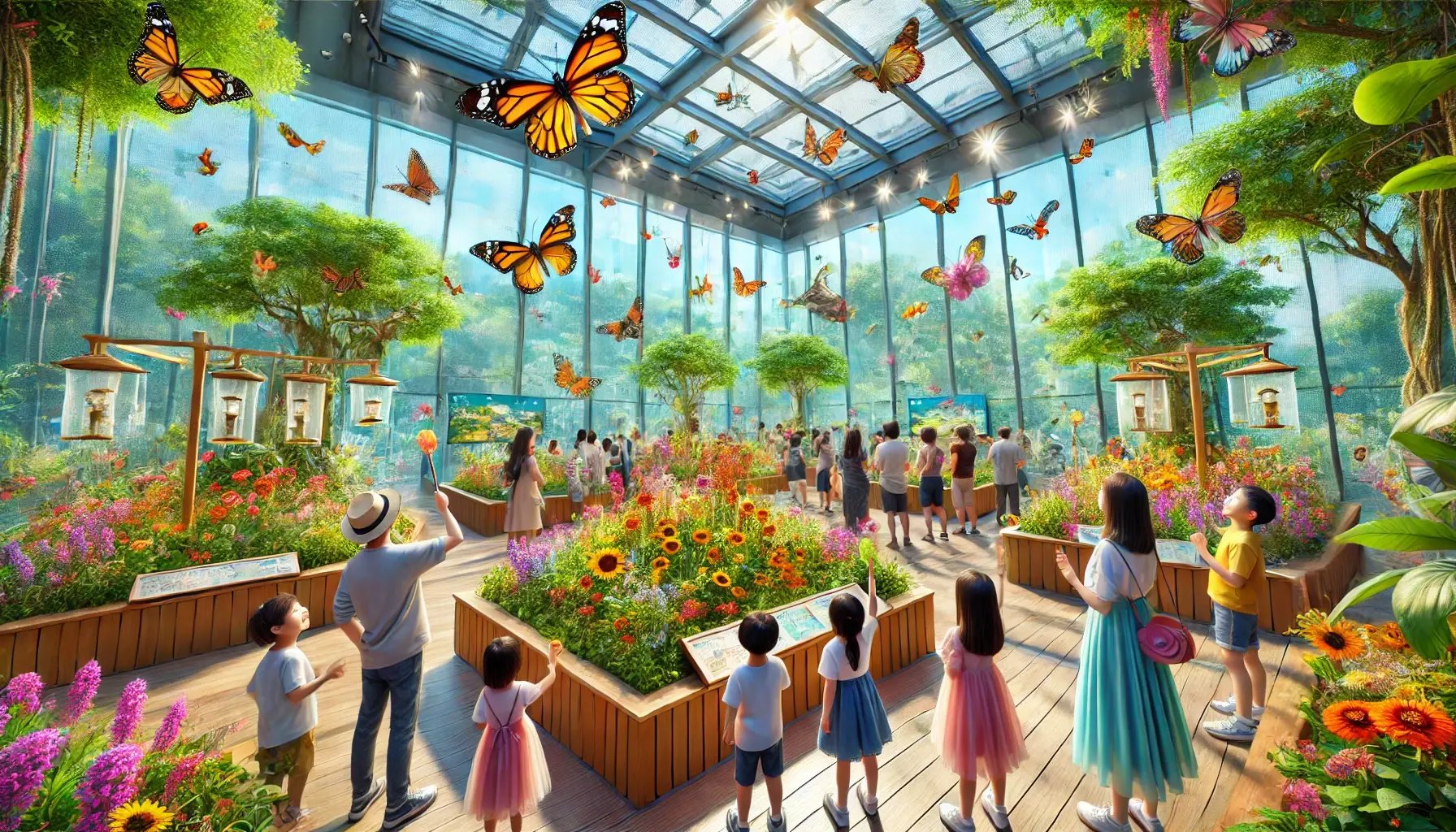 A lively butterfly exhibit featuring children gazing in awe at butterflies flying freely around vibrant flowers and greenery. The enclosure is spaciou