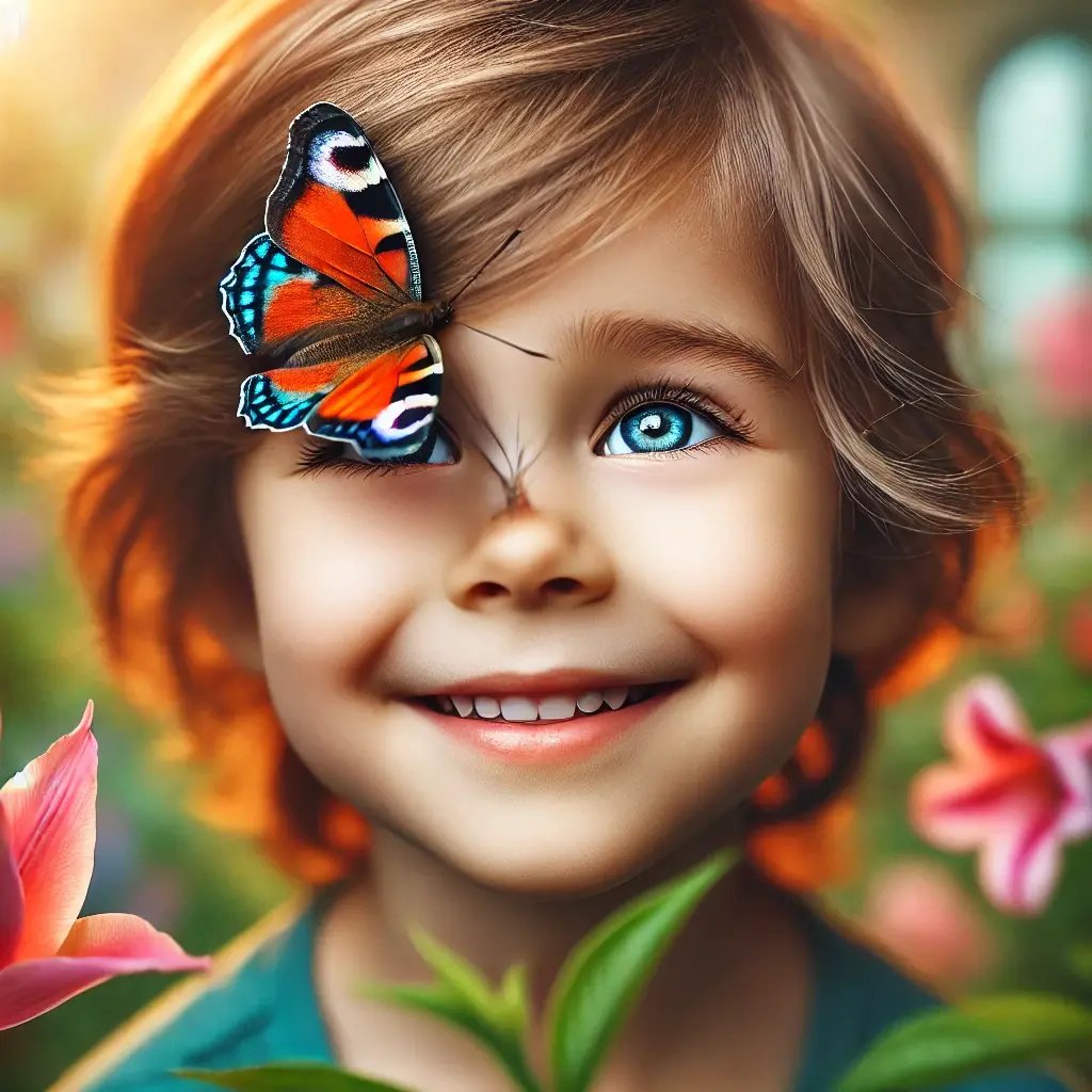 A heartwarming close-up image of a young child with a butterfly gently perched on their nose. The child is smiling with wide eyes filled with wonder, 