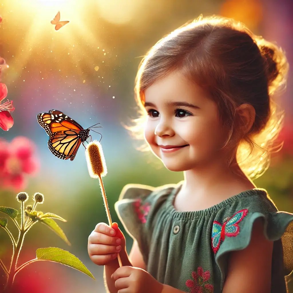 A beautiful and engaging image of a young child feeding a butterfly with a nectar stick. The child is smiling with curiosity, holding the stick gently